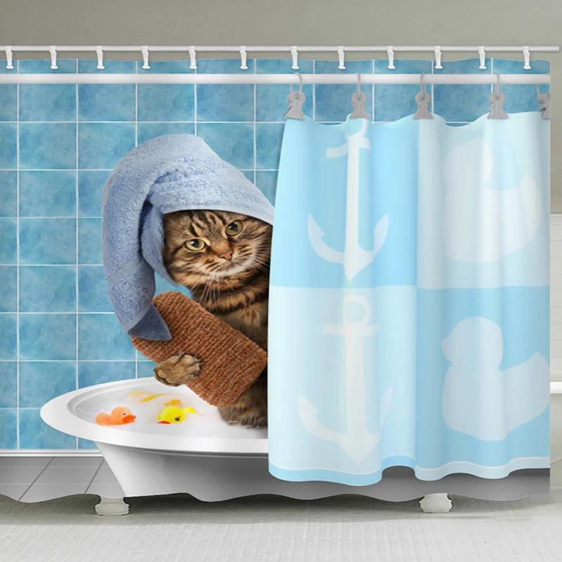 Cool Cat Duschvorhang-Set Man Cave Badezimmerdeko Fantastischer Held Einhorn Spuckt Feuer Blaues Polyestergewebe 12 Haken enthalten