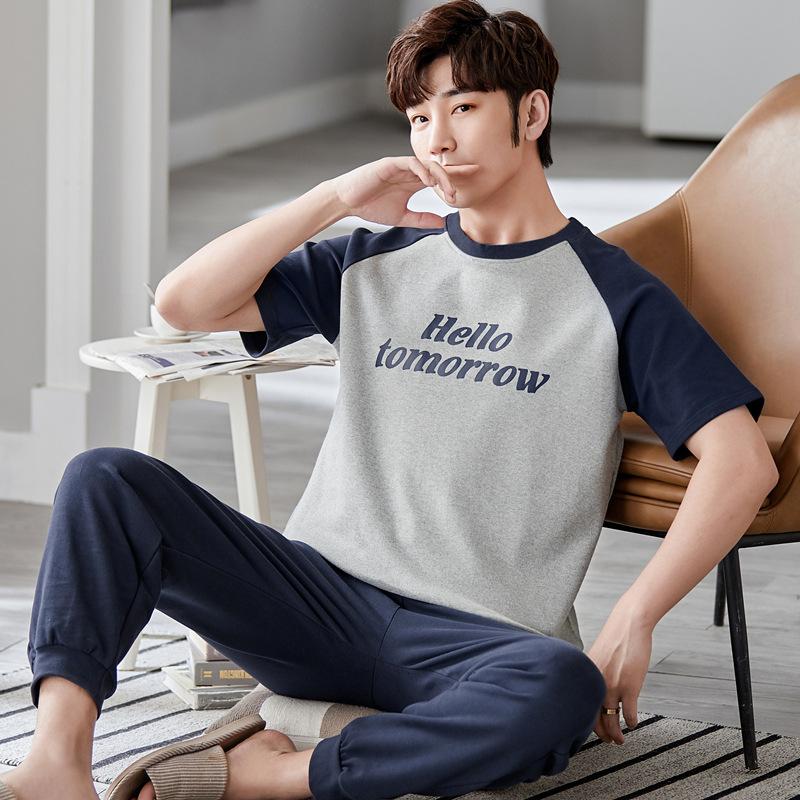 Men's New Spring and Summer Pajamas Homewear Suit Teenagers Short-Sleeved Long Pants Homewear Large Size Students Casual Pajamas