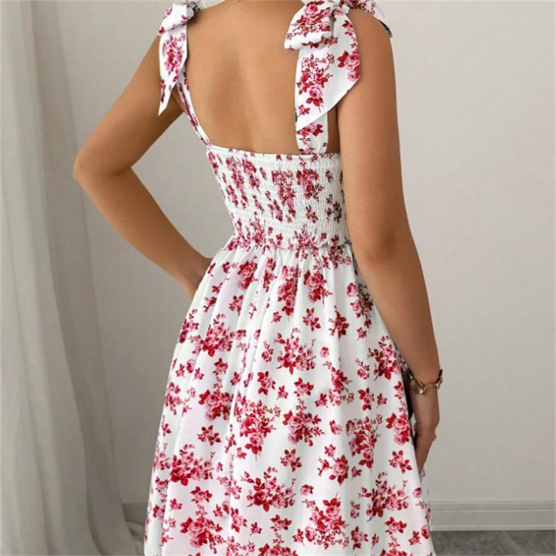 Strap Top Floral Dress Women A-line Sleeveless Lace Up Pleated Hem Spring Summer S-XL