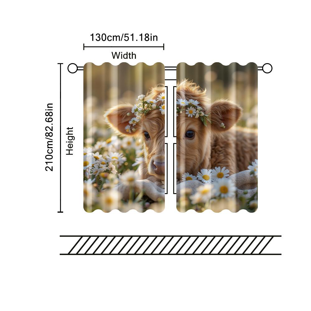 2 Pcs, Filtering Curtains (excluding Rods, Non-movable, Without Batteries) Rustic Highland Cow with Daisy Wreath for Use In