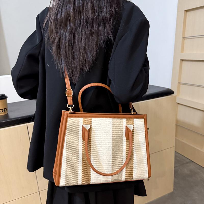Fashion Striped Splicing Handbag 2025 New Trendy Large-capacity Tote Bag Versatile Contrasting Color Commuter Bag