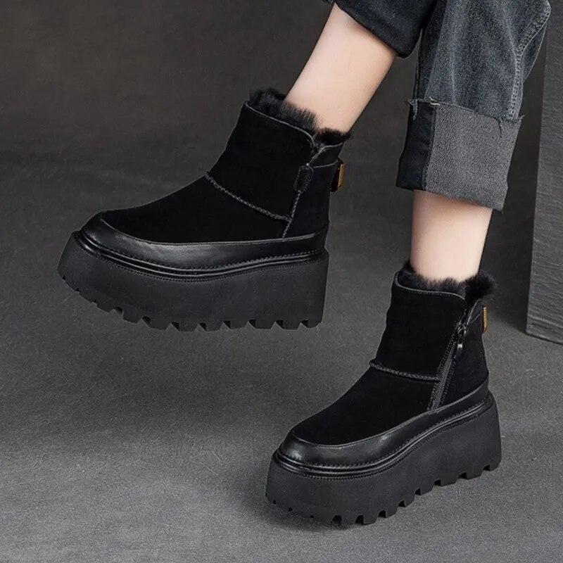 Johnature Thick Sole Snow Boots With Plush Warm Side Zipper Versatile Retro Solid Color Women's Shoes