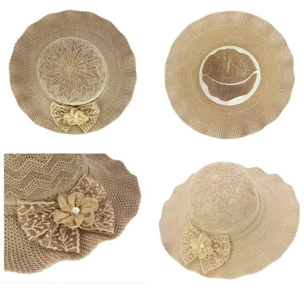 Lace Bow Wide Brim Knitted Hat Solid Color Beach Sun Hat Fashion UV Protection Cap  Travel