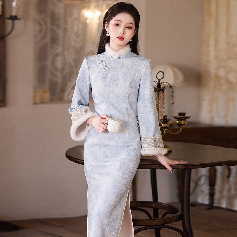 Blue velvet winter clothing national style new Chinese long-sleeved improved cheongsam winter thick young women's high-end sense retro