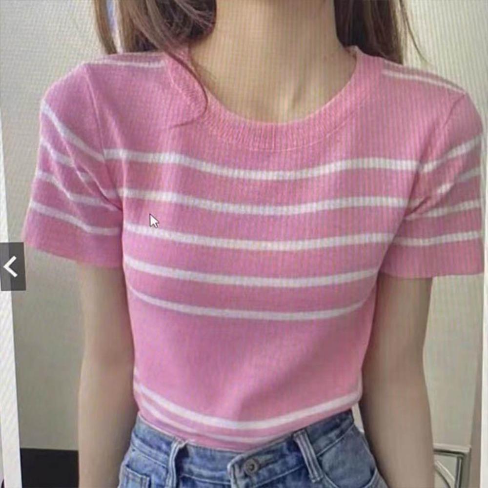 Îmbrăcăminte Femei Modă Tricouri Tricotate cu Dungi Mânecă Scurtă Vară Casual Versatile Gât Rotund Subțire Top Doamnă Birou Vintage Tricouri