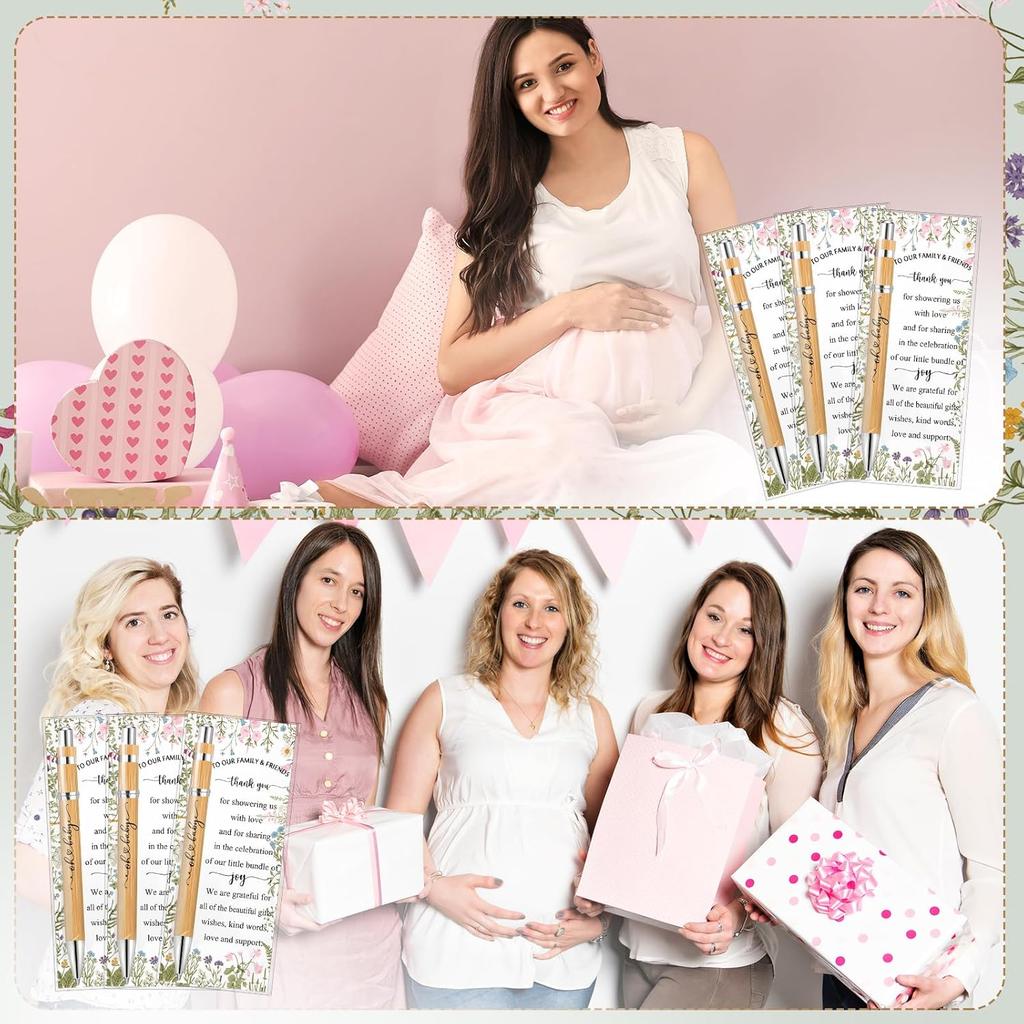 Zhanmai 50 Sets Baby Shower Pens Gifts Bulk Baby Shower Favors for Guests Sage Greener Woodland Bamboo Ballpoint Pens with Cards for Gender Reveal