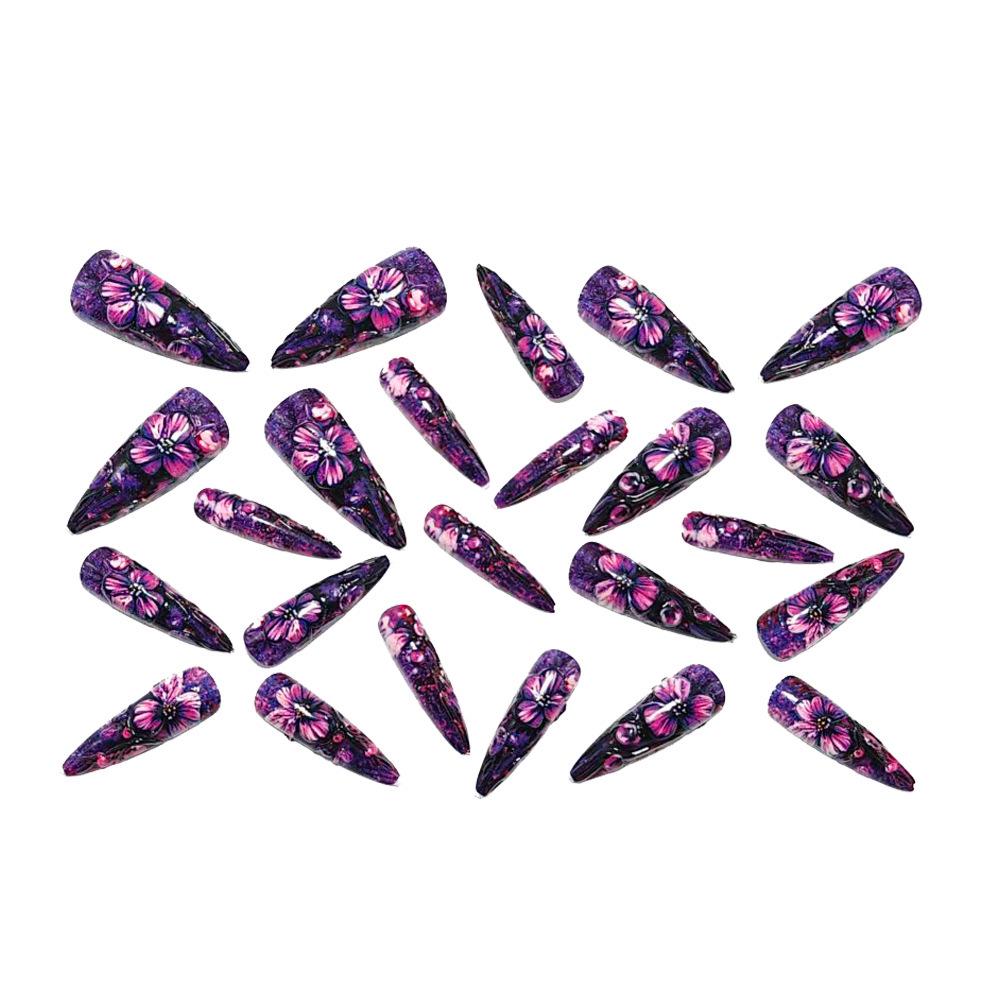 3D Embossed Long Pointed False Nails - Pure Desire Purple Series with Sweet Flower Design