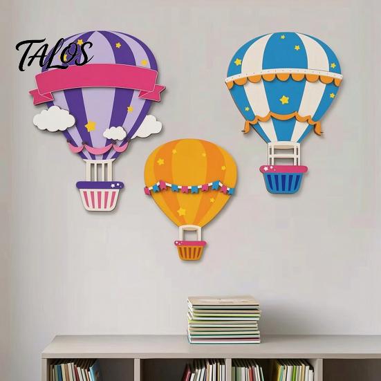 Childrens Bedroom Wall Accents 3Pcs Wooden Hot Air Balloon Art, 2D Flat Cartoon Hanging Ornaments, Colorful Kindergarten Decorations for Living