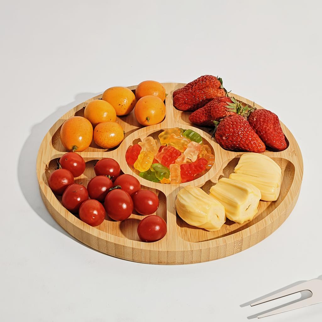 Bamboo Snack Tray with Dividers 5 Compartment Serving Plate for Fruit, Candy, Party