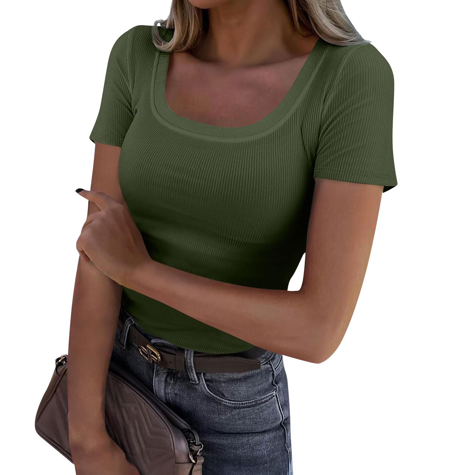 

Женский летний модный повседневный однотонный топ с квадратным вырезом и коротким рукавом, тонкий ребристый топ L