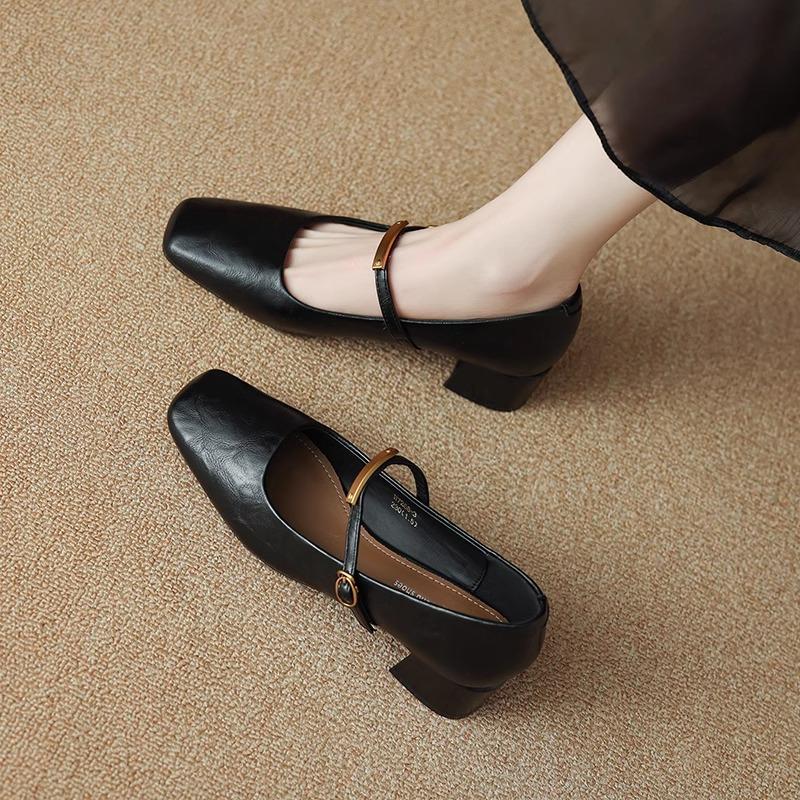 Women's shoes 2026 French square toe with metal buckle women's versatile new single shoe