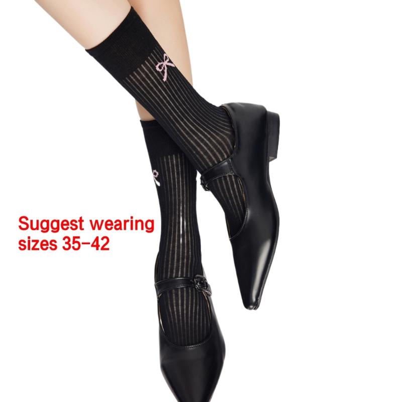 Cute Bowknot Pattern Long Calf Length Socks for Women and Girls Breathable Mesh Ribbed Student Cotton Stockings Hosiery