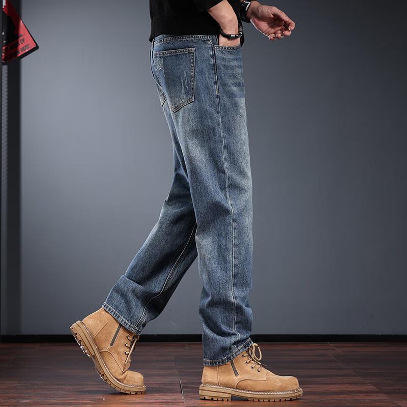 Jieleinuo Men's American Retro Washed Straight-Leg Denim Jeans