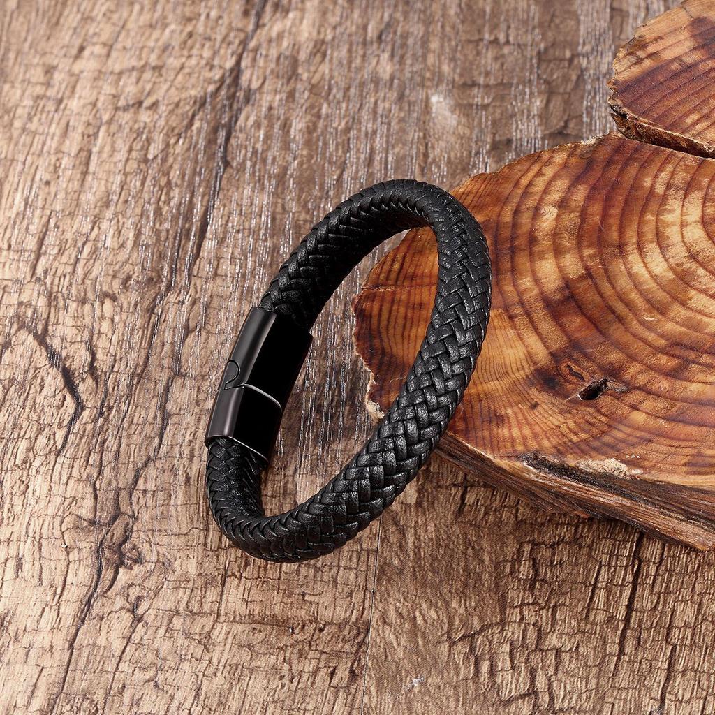 Men's Minimalist Stainless Steel & Leather Woven Bracelet Cuff