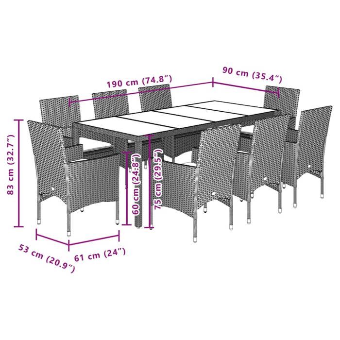 VidaXL Ensemble à manger de jardin et coussins 9 pcs noir rotin acacia, ensemble de salle à manger d'extérieur, meuble de 3278668