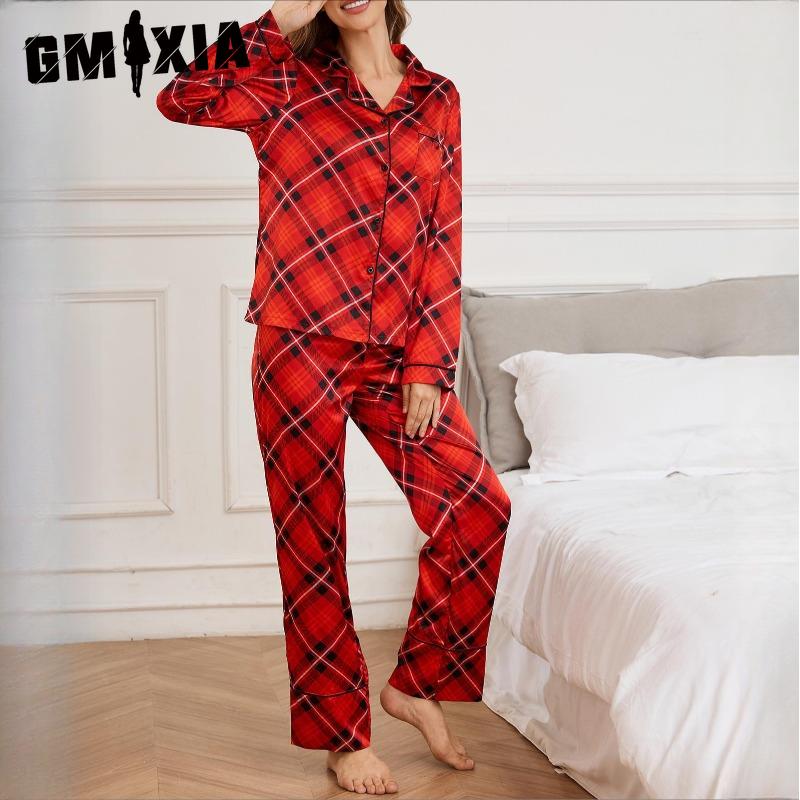

GMXIA Пижама женская осенне-зимняя красная новогодняя рождественская из ледяного шелка с длинным рукавом и брюками, двухпредметный домашний костюм S красный