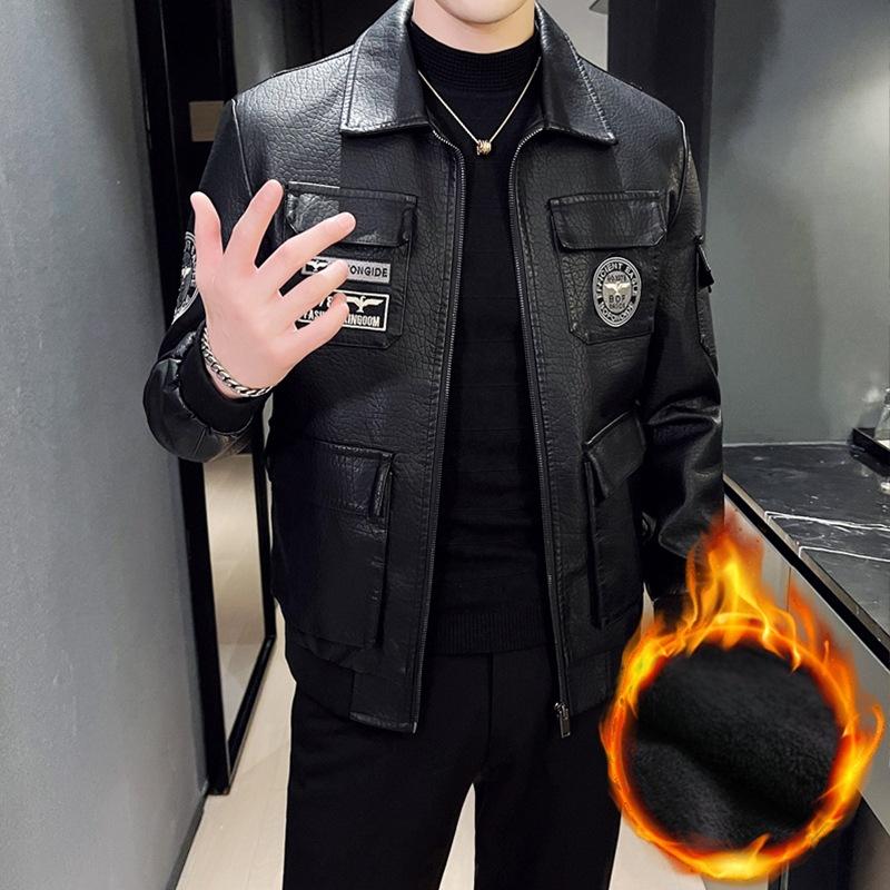 

Men s Casual Leather Jacket Autumn and Winter New Outdoor Motorcycle Clothing Slim Korean Style Lapel Plus Velvet PU Leather Jacket Trendy 5XL чёрный
