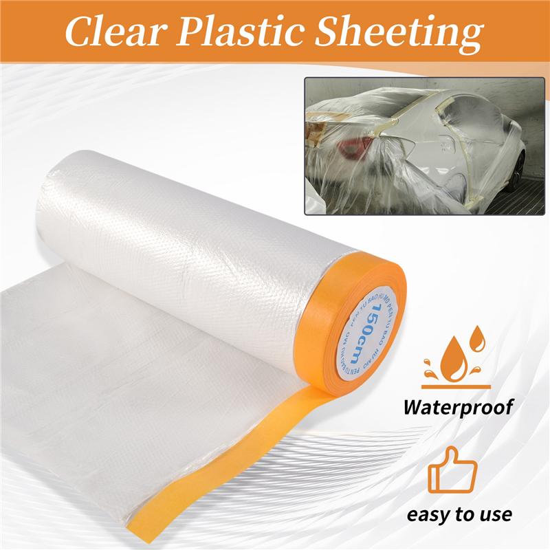 4 Rolls Clear Plastic Sheeting 4.9X 65.5 Ft Pre-Taped Masking Film Drop Cloths For Painting Automotive Painting Covering-B61B