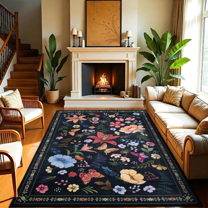 Carpet for Living Room Vintage Floral Nonslip Sofa Coffee Table Floor Mat Bedroom Bedside Rug Machine Washable Entrance Doormat
