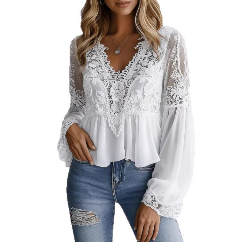 Elegant Lace Splice Hollow Out Fashion Blouse Women V Neck White Shirt Long Sleeve Sweet Casual Loose Tops Ladies Ruffled Pleated Simple Clothing