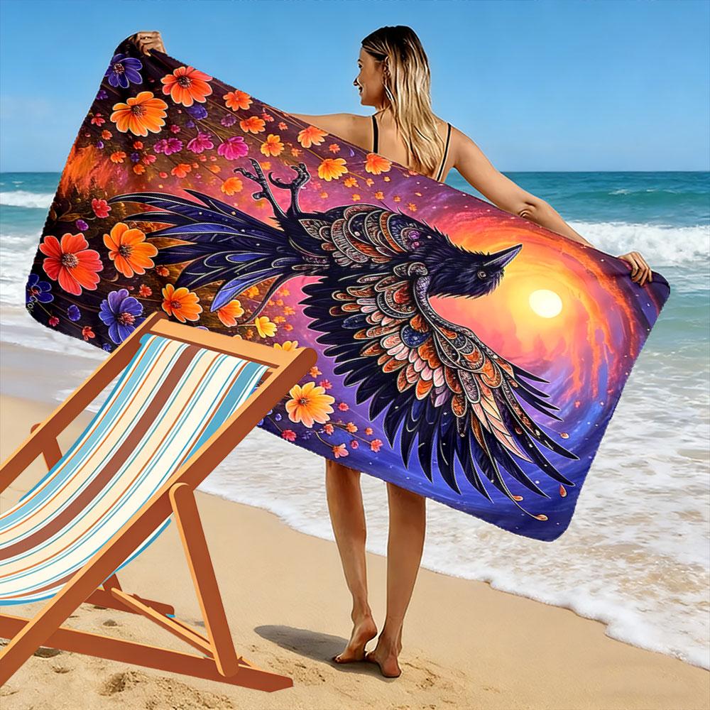 Ethereal Raven Amidst Blossoms Print Beach Towel, Quick Drying, Suitable for Travel, Outdoor Sports, Jogging, the Beach and Swimming, Gift