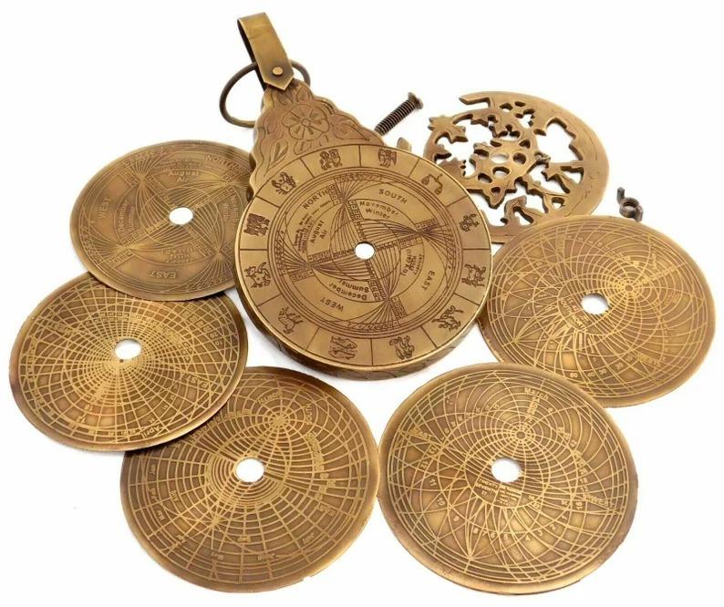 Antique Brass Astrolabe Calendar with Leather Case (8 Inch)