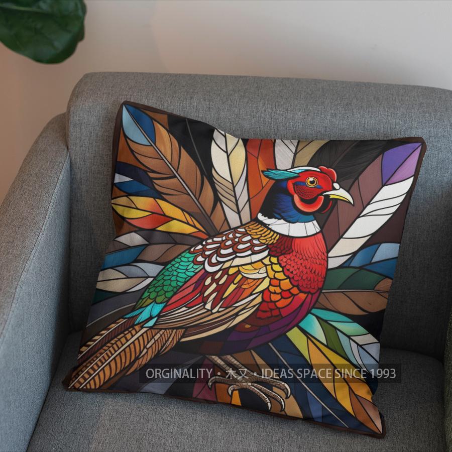 2D Stained Glass Style Pheasant-Printed Pillow Cover Pattern Cushion Cover Suitable For Sofa Bedroom Car Pillow Cover