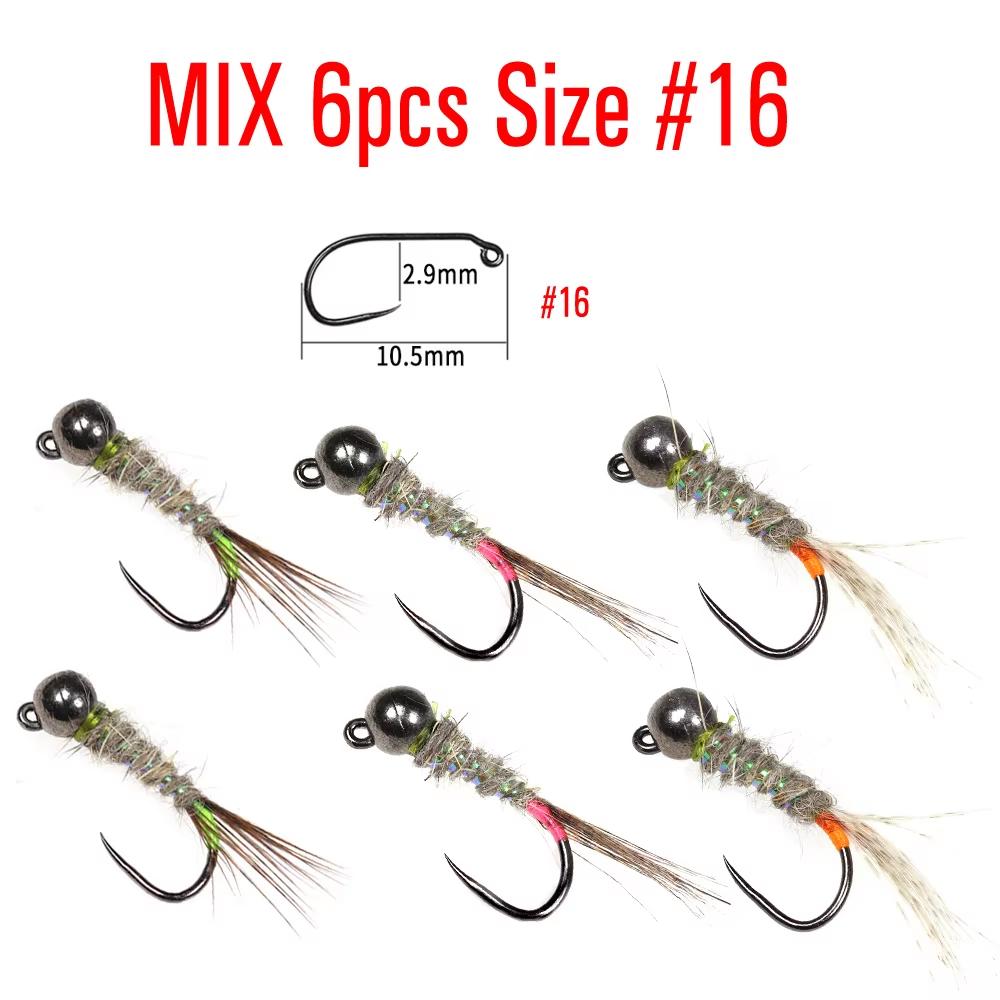 Bimoo 6pcs Black Tungsten Head Fluorescent Orange Pink Green Jig Fly Euro Nymph Perdigon Nymphs Fast Sinking Trout Fishing Lure