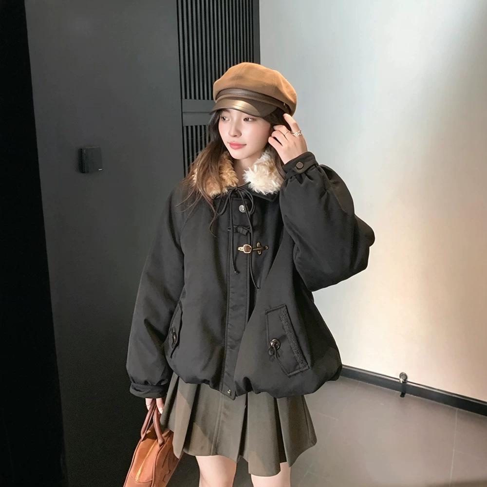 Real shot American retro fur collar cotton clothes women's autumn and winter loose college style design niche thickened coat