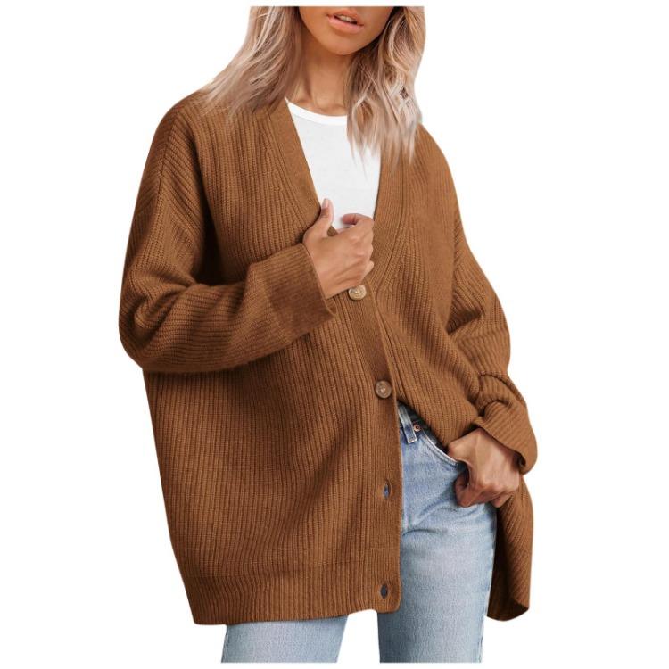 Oversized V Neck Lightweight Women Cardigan Front Button Loose Knitted Sweater Jacket