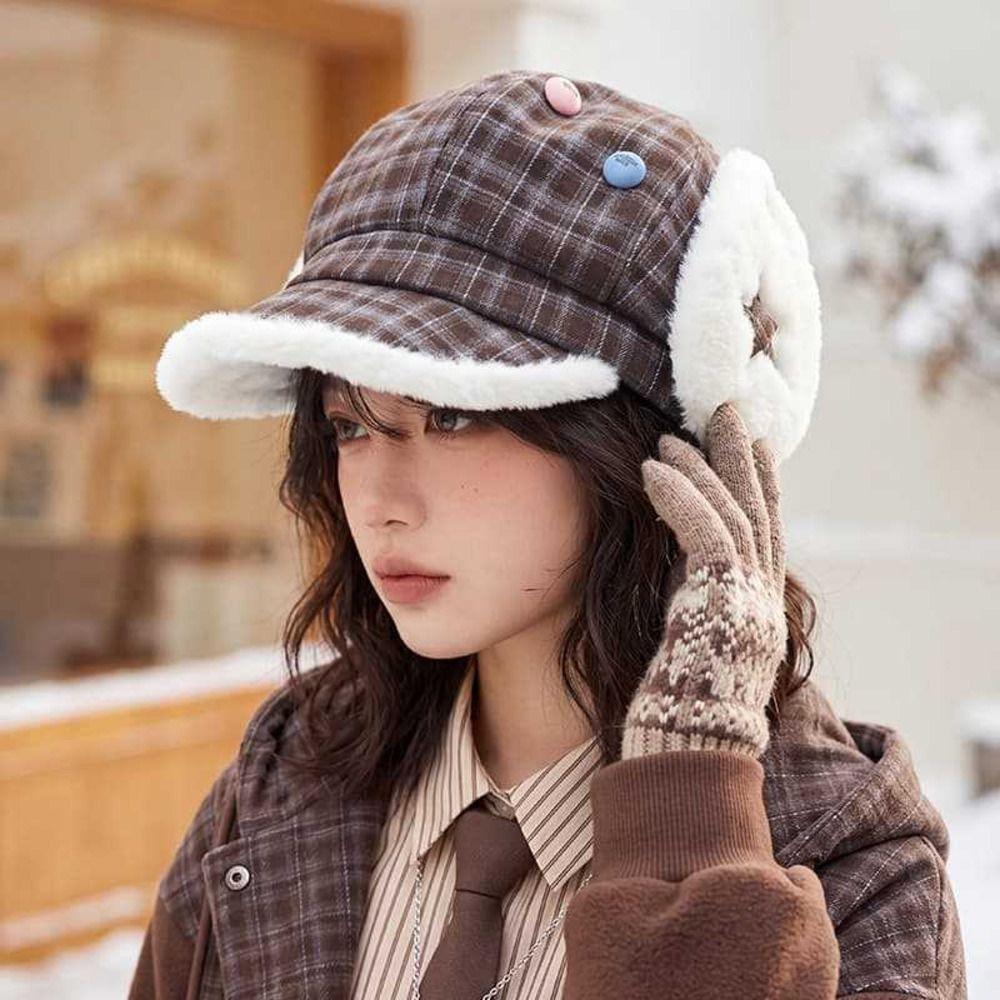 Sweet Winter Fleece Lined Hat Earflap Windproof Newsboy Cap Cute Plaid Octagonal Hat For Women