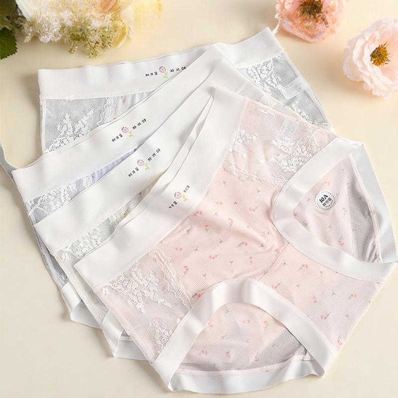 

Small Fresh Ice Silk Large Size Panties Romantic Breathable Hole Splicing Lace Women’s Panties 3XL зніміть синього кольору