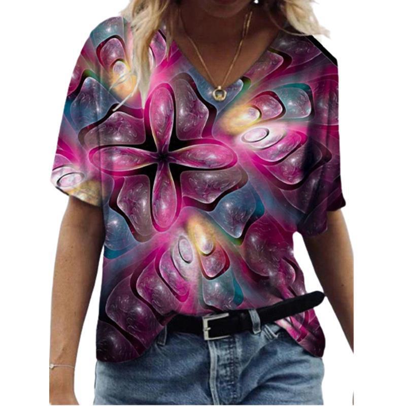 

Новая женская футболка с V-образным вырезом, короткими рукавами, летняя, с 3D абстрактным принтом 5XL