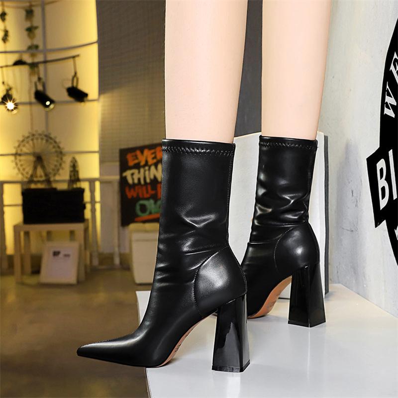 Fashion Fashion Simple Warm Mid-Calf Chunky Block Heels Women Boots Pointed High-Heeled Pu Leather Slimming Boots Autumn Winter