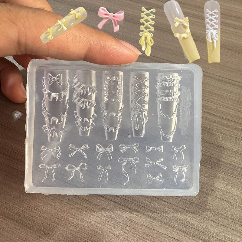 1Pcs Cute Bowknot Ribbon 3D Carving Template Elegant Bow Silicone Nail Art Molds Gel Printing Stencils Japanese Nail Accessory