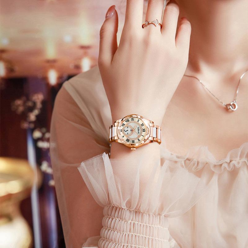 Langjue Diamantbesetzte Uhr Damen Spitze Zifferblatt Imitation Keramik Damen Uhr Mode Temperament Quarz Uhr