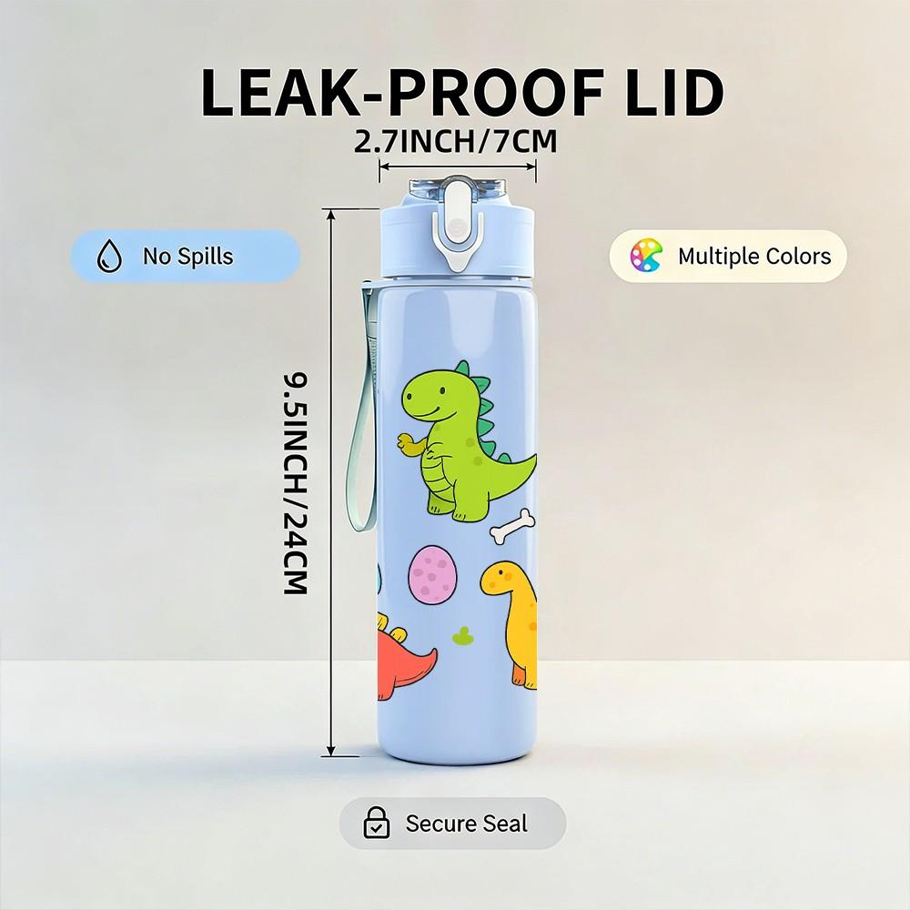 1PC Colorful Dinosaur Kid Cartoon Pattern 750ml Color Plastic Sports Water Bottle Leakproof Flip Straw Lid Suitable for Sports Office Home Use