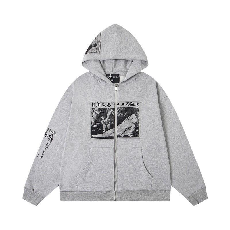 Mens Oversized Streetwear Hoodie With Distressed Zipper Graphic Print Cotton Long Sleeve Pullover Casual Wear