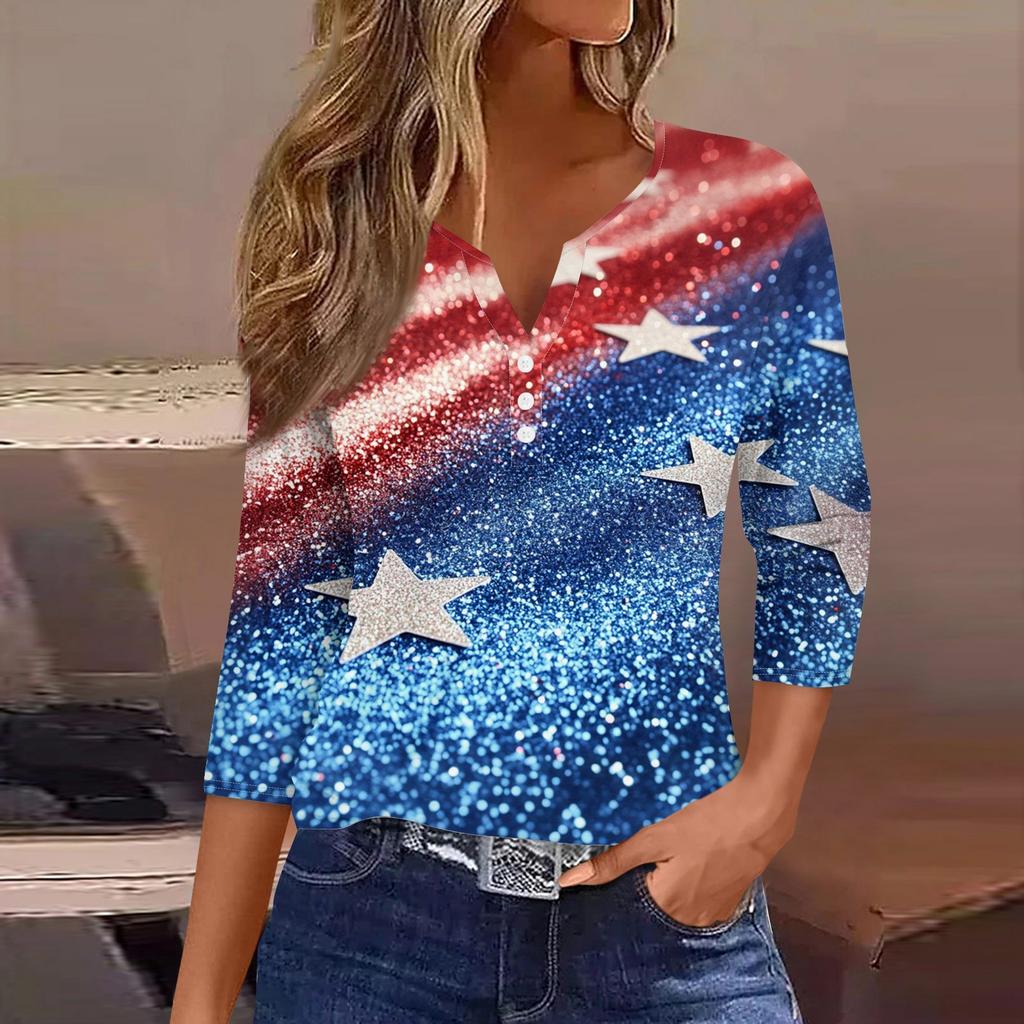 Women's T Shirt Print Button 3/4 Sleeve Daily Weekend Fashion Basic V- Neck Regular Top