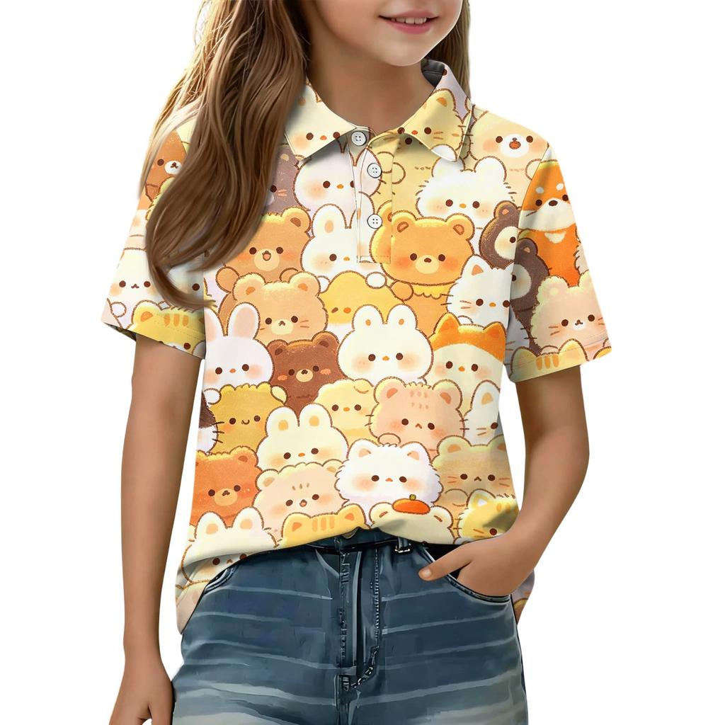 Kids Casual Short Sleeve Polo Shirt Animal Pattern Cartoon Print Lightweight Comfortable Soft Fabric Breathable Summer Top for Boys Girls
