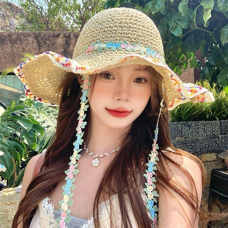 Summer Seaside Vacation Style Straw Visor Women's Large Brim Sun Protection Bucket Hat Ethnic Style Flower Lace-up Straw Hat