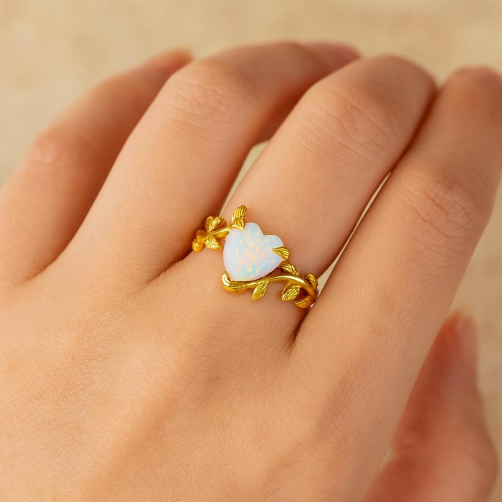 Heart Opal Twig Ring – Leaf Vine Band – Romantic October Birthstone Jewelry - Yellow Gold Plated 925 Sterling Silver Ring Gift