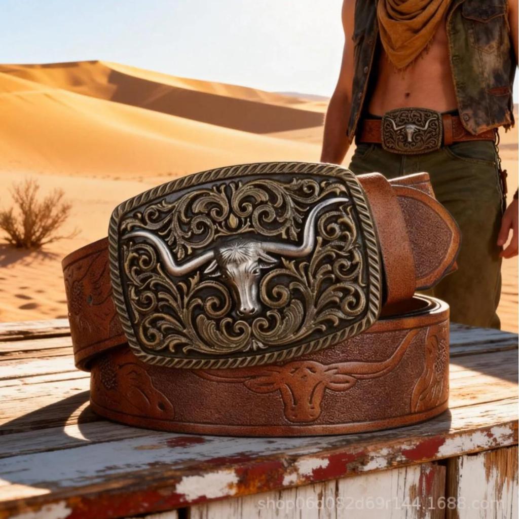 Men's Western Retro Cowboy Belt with Large Buckle - Trendy Street Style Waistband