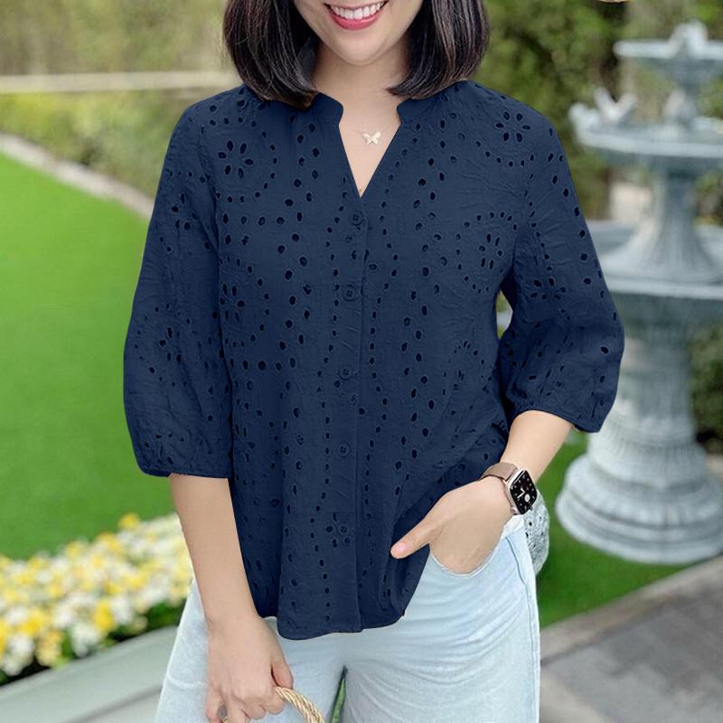 

ZANZEA Женская повседневная блузка с V-образным вырезом, рукавами 3/4, свободного кроя, пэчворк, крючком 5XL темно-синий