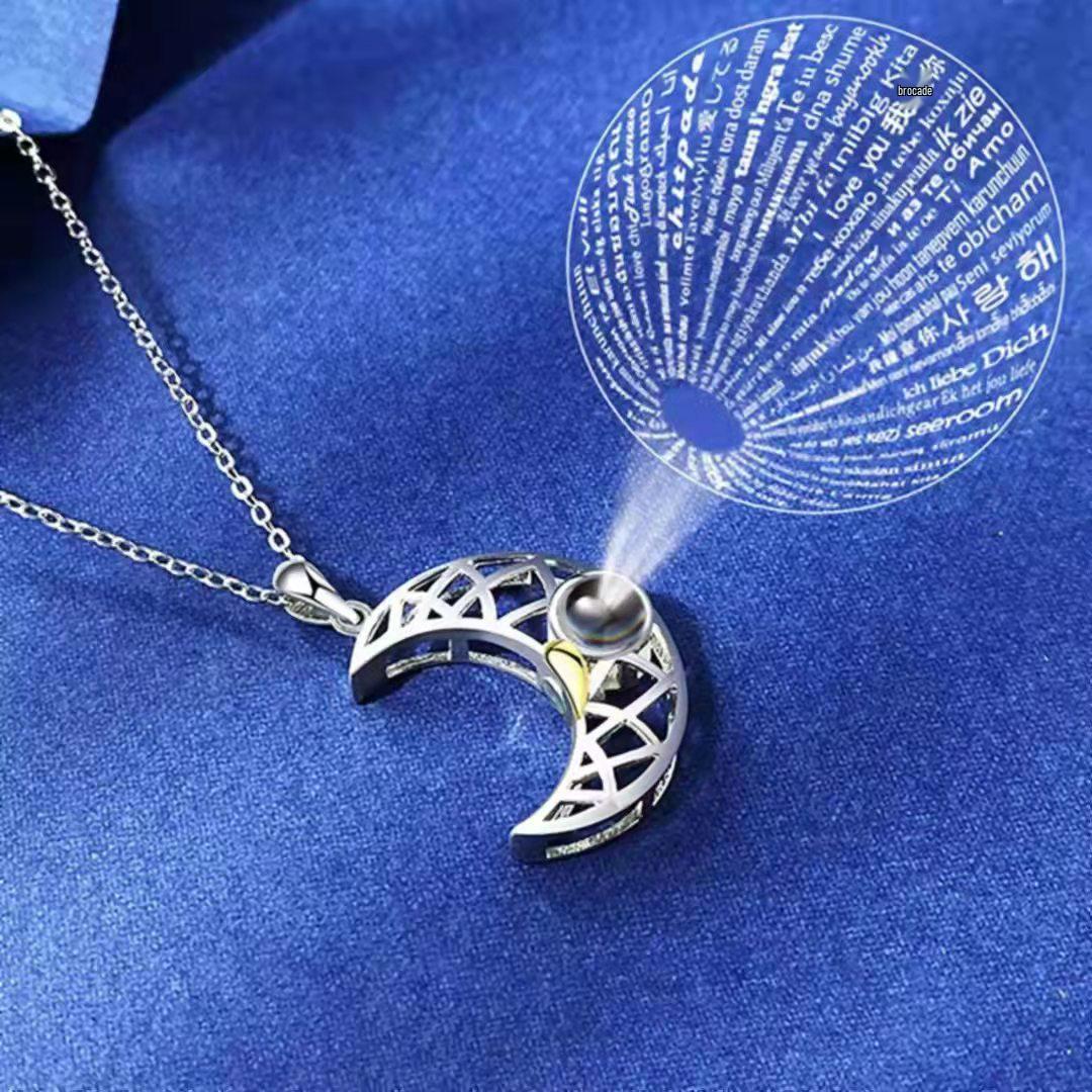 100 Languages I Love You Projection Pendant Necklace with Sun and Moon Design белый