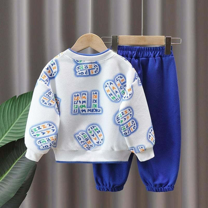 Spring and Autumn Boys' Suits, Big Children's Long-sleeved Fake Two-piece Sweaters, Casual Pants, Sportswear, Two-piece Autumn and Winter Suits