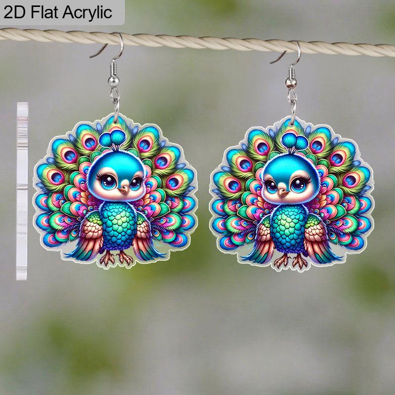 2D Flat Acrylic Diwali Cartoon Colorful Peacocks Double-sided Pattern Earrings Jewelry Gift for Women Female