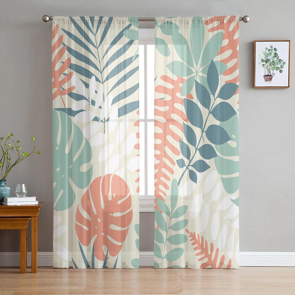 Luxury Tropical Plants Monstera Palm Leaves Curtains Living Room Printed Tulle Window Curtain Home Balcony Decor Drapes With Sheer Polyester Perfect