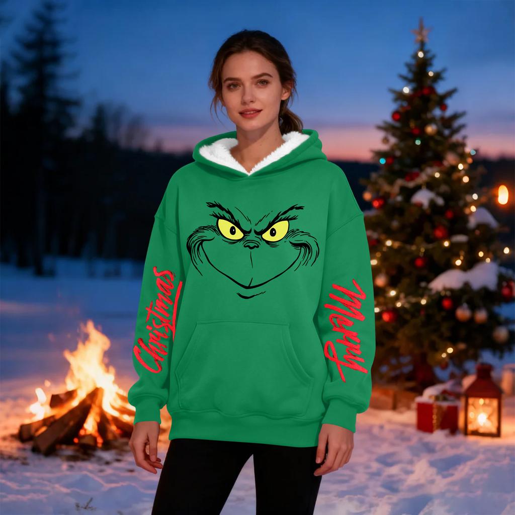 Women's Casual Fashion Plus Velvet Thickened Christmas Print Hooded Sweatshirt