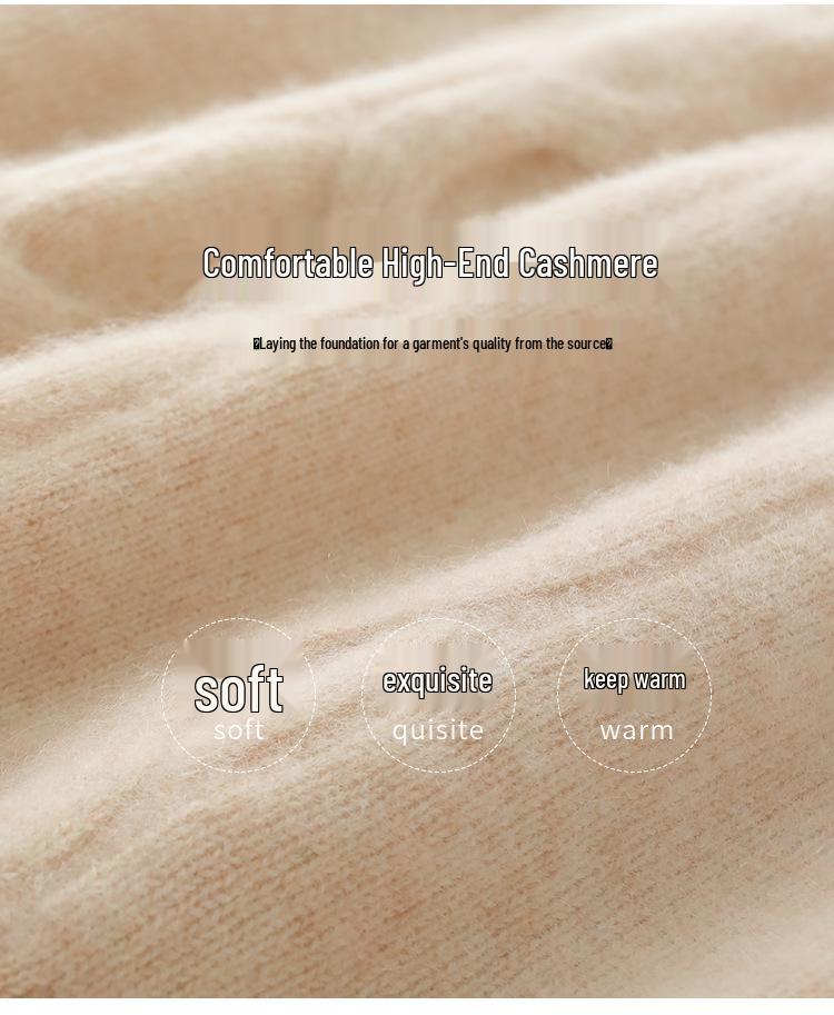 Women's Cable Knit Cashmere Top – Half-High Collar, Long Sleeve, Loose Fit, Versatile Sweater